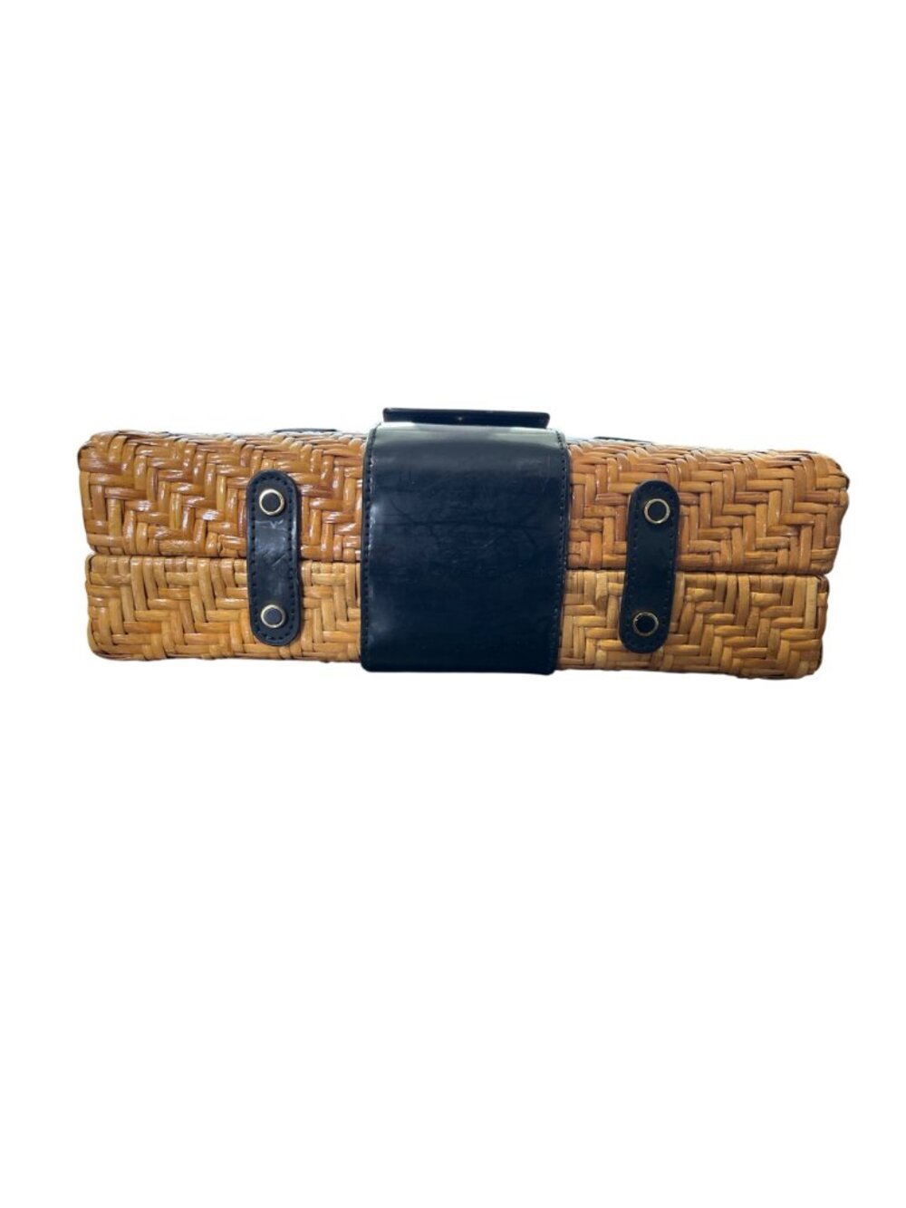 Vtg Monsac Woven Rattan Wicker & Black Leather Handbag Box Purse Top Handles - Picture 3 of 8